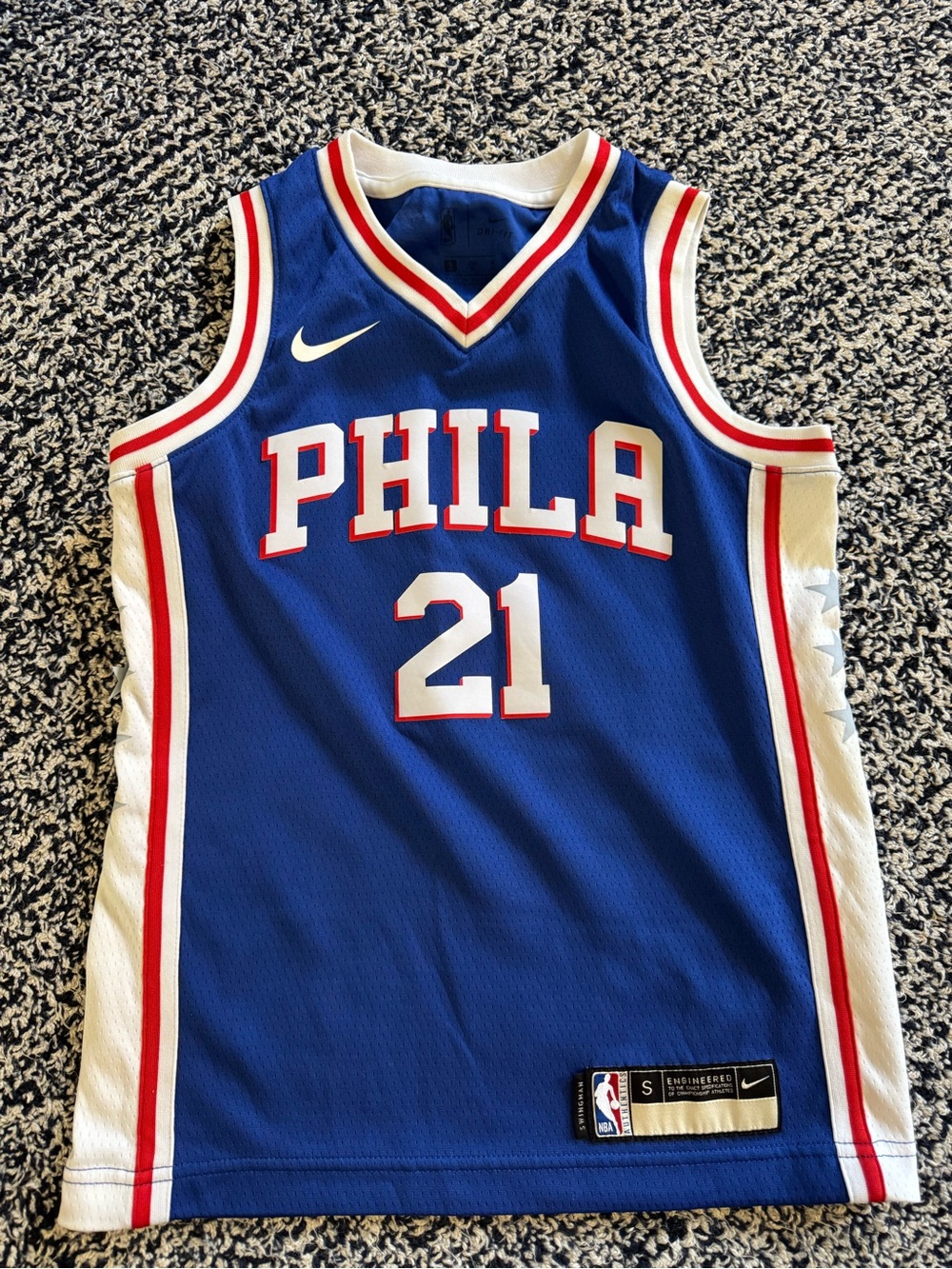Nike Blue Philadelphia 76ers #21 Basketball Jersey with White and Red Trim